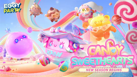 A vibrant HD desktop wallpaper for the video game Eggy Party, featuring whimsical characters and a colorful candy-themed landscape, celebrating the launch of Candy Sweethearts.