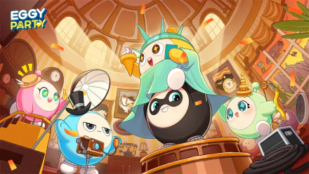 A colorful HD wallpaper from the video game Eggy Party, featuring adorable characters posing in a whimsical setting filled with clocks and playful elements.