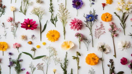 A vibrant collection of pressed flowers in various colors arranged artistically on a white background, creating an elegant HD desktop wallpaper or background.