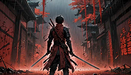 Anime-style samurai stands in a rain-soaked street, swords drawn, surrounded by red foliage and traditional buildings in this 8K Ultra HD AI art from KATANA KAMI: A Way of the Samurai Story.
