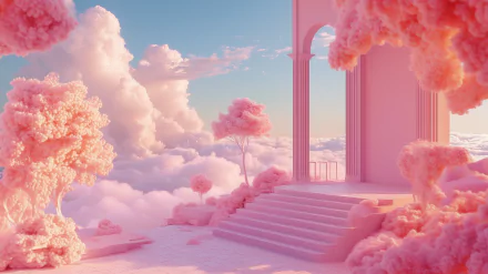 A serene pink landscape featuring soft, fluffy clouds and vibrant pink trees, complemented by a dreamy architectural structure, creating a captivating soft aesthetic wallpaper.