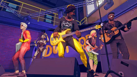 A vibrant HD desktop wallpaper featuring a band performing in the video game Dustborn, showcasing musicians with guitars on stage in an energetic environment.