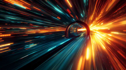 A dynamic HD desktop wallpaper featuring a vibrant warp drive scene, showcasing luminous streaks of blue and orange light converging in a swirling tunnel, evoking a sense of speed and adventure.