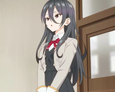 HD anime PC wallpaper: Ayano Kimishima from Alya Sometimes Hides Her Feelings in Russian, standing in a school hallway in a dark uniform with a red ribbon.