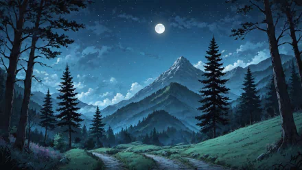 Anime-style HD desktop wallpaper showcasing a serene night landscape with towering mountains, pine trees, and a bright full moon illuminating the natural scene.