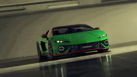 A striking Lamborghini Temerario in vibrant green, showcased in a sleek indoor setting. This high-definition image serves as an impressive desktop wallpaper and background.