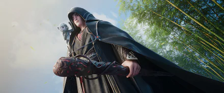 A captivating HD wallpaper featuring a wizard from the TV show Zhu Xian Jade Dynasty, wielding a staff and accompanied by a small creature, set against a serene bamboo backdrop.