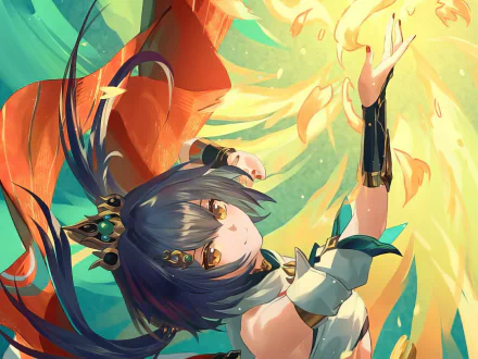 HD desktop wallpaper featuring Yunli from the video game Honkai: Star Rail, showcasing vibrant colors and dynamic design elements inspired by the game's aesthetic.