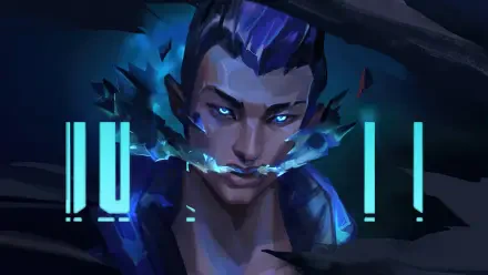 A striking 4K Ultra HD wallpaper featuring Yoru from Valorant, showcasing his intense gaze and dynamic design amidst a blue and dark background.