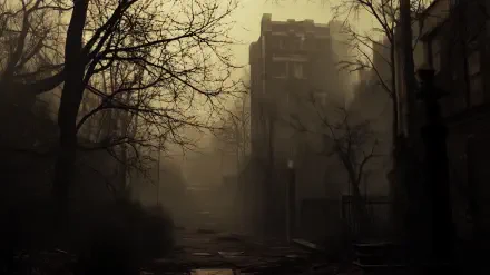 A haunting landscape from Silent Hill, enveloped in dense fog and shadowy silhouettes of abandoned buildings, evokes a sense of loneliness and unease in this HD wallpaper.