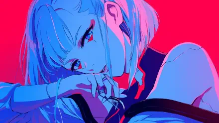 HD desktop wallpaper featuring Lucy from the anime Cyberpunk: Edgerunners, showcasing a vibrant cyberpunk aesthetic.