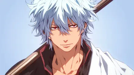 Gintoki Sakata, an iconic anime character from Gintama, features in this HD PC desktop wallpaper, showcasing his distinctive blue hair and confident expression.