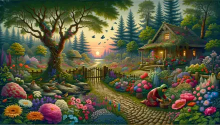 A vibrant cottagecore garden surrounds a charming house at sunset, filled with colorful flowers and lush greenery in this 4K Ultra HD desktop wallpaper.