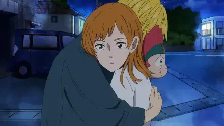 An emotional scene from the anime Murai in Love, depicting a character in a comforting embrace, set against a nighttime background. The image serves as a vibrant HD desktop wallpaper.