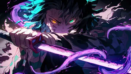A 4K Ultra HD Demon Slayer: Kimetsu no Yaiba wallpaper featuring an intense character wielding a glowing sword with vibrant, swirling energy effects.