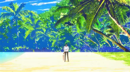 A vibrant HD anime wallpaper featuring Toji Fushiguro from Jujutsu Kaisen standing on a tropical beach surrounded by lush greenery and palm trees.