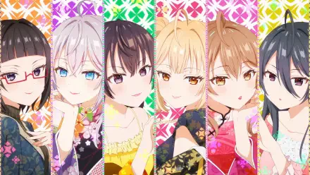 HD PC desktop wallpaper featuring vibrant anime characters from Alya Sometimes Hides Her Feelings with colorful patterned backgrounds in Russian style.