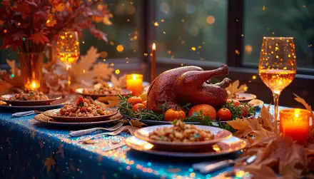 A beautifully arranged Thanksgiving dinner featuring a roasted turkey, side dishes, and candles on a sparkling blue table, surrounded by autumn leaves and warm lighting.