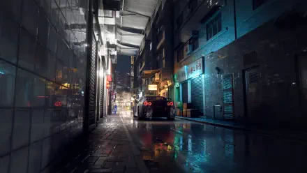 A nighttime urban scene from Test Drive Unlimited Solar Crown, featuring a sleek car parked in a reflective alley illuminated by vibrant neon lights. HD PC desktop wallpaper.
