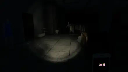 A dimly lit room from the video game Mannequin (2024), featuring eerie shadows and a mannequin in the background, creating a suspenseful atmosphere. HD PC desktop wallpaper.