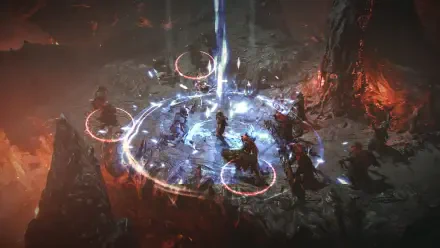 A dramatic HD wallpaper from the video game Jotunnslayer: Hordes of Hel, featuring intense combat amidst a mystical arena illuminated by glowing circles and a central beam of light.