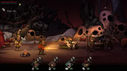 A scene from the video game Edge of Sanity, featuring characters by a campfire in a dark, eerie landscape with a haunting backdrop. HD PC desktop wallpaper featuring survival themes.