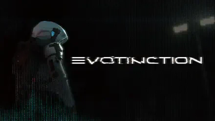 A striking 4K Ultra HD wallpaper featuring the logo and character design from the video game EVOTINCTION, showcasing a sleek, futuristic aesthetic against a dark background.