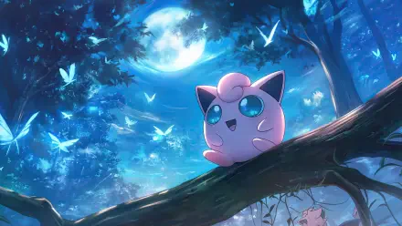 A serene night scene featuring Jigglypuff from Pokémon perched on a branch, surrounded by glowing butterflies and a full moon, offering a vibrant 4K Ultra HD backdrop.