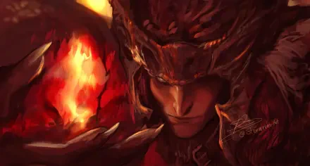 A dramatic HD wallpaper featuring Messmer the Impaler from the video game Elden Ring: Shadow of the Erdtree, showcasing intense colors and intricate armor details.