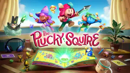 Colorful HD wallpaper from the video game The Plucky Squire, featuring dynamic characters jumping from an open storybook, surrounded by playful elements and a whimsical setting.
