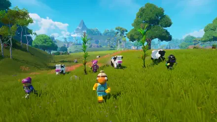 HD PC desktop wallpaper featuring LEGO Fortnite characters and animals in a vibrant, grassy Fortnite landscape under a bright blue sky.