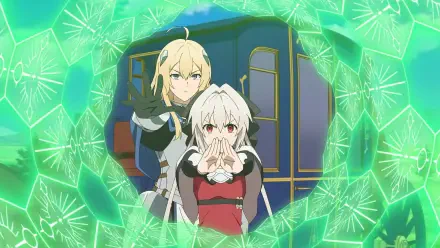 Anime-themed HD desktop wallpaper featuring two characters, one with blonde hair and the other with silver hair, surrounded by a vibrant green shield effect. Titled I Parry Everything.