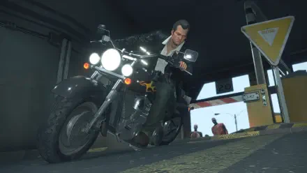 A scene from Dead Rising Deluxe Remaster, featuring a character on a motorcycle ready to navigate a zombie-filled world, set against a detailed urban backdrop.