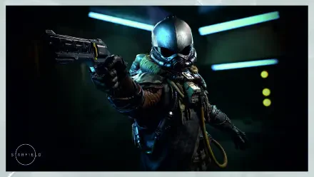 A high-definition desktop wallpaper featuring an assassin from the video game Starfield, poised with a gun in a futuristic, neon-lit environment.