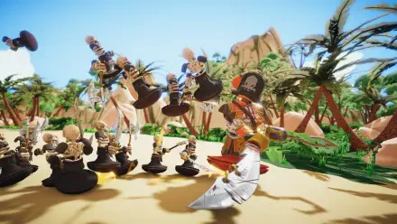 A vibrant HD wallpaper from the video game Toy Tactics, featuring whimsical characters engaged in action against a colorful tropical backdrop.