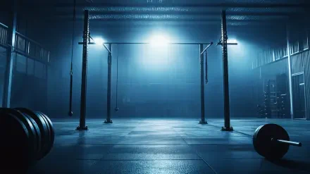 A dramatic CrossFit training space illuminated by overhead lights, featuring a pull-up rig and weights, captured in stunning 4K Ultra HD resolution.