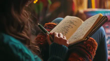 A cozy scene featuring a person journaling with a pen in hand, surrounded by warm colors, set as a 4K Ultra HD desktop wallpaper and background.