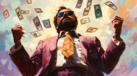 A confident businessman in sunglasses exudes success as money rains down around him, creating a vibrant backdrop in this striking 4K Ultra HD desktop wallpaper.