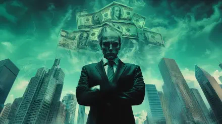 A corporate businessman stands confidently in front of towering skyscrapers, with floating dollar bills overhead, embodying themes of power and wealth in this 4K Ultra HD wallpaper.