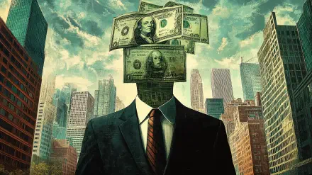 A surreal image of a suited figure with a head made of dollar bills, set against a city skyline. This artwork reflects themes of corporatism, money, and greed in a striking visual narrative.