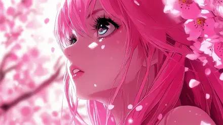 A vibrant anime girl with pink hair gazes upward, surrounded by delicate cherry blossom petals, creating a stunning 4K Ultra HD background for any desktop.