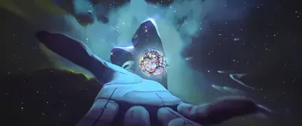 HD PC desktop wallpaper featuring Viktor from the TV show Arcane (League of Legends), with a glowing mechanical sphere held in his outstretched hand against a starry background.