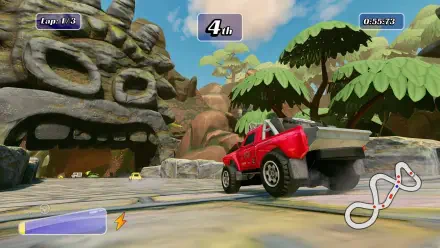A vibrant HD wallpaper from the video game Matchbox Driving Adventures, featuring a red truck racing against a colorful backdrop of trees and rock formations.