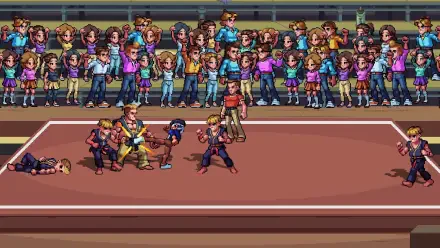 Colorful HD wallpaper from The Karate Kid: Street Rumble, showcasing a dynamic martial arts scene with characters engaged in action, surrounded by an enthusiastic crowd.