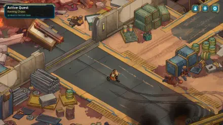 A vibrant HD desktop wallpaper from the video game Dark Sky (2024), depicting a character navigating a cluttered, futuristic environment filled with debris and crates.