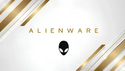 Alienware logotype with black alien head on white background and gold diagonal accents — 5K Ultra HD gaming PC desktop wallpaper showcasing technology.