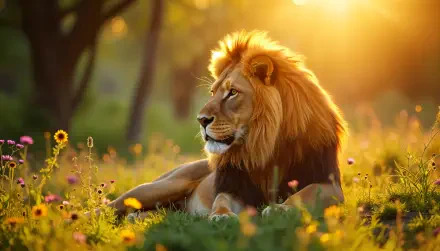 A majestic lion rests in a vibrant meadow, bathed in warm golden light, showcasing its magnificent mane in this stunning 4K Ultra HD desktop wallpaper.