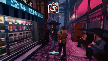 A scene from the video game *Shadows of Doubt*, featuring characters in a vibrant, rainy city street with neon lights and umbrellas, creating a moody atmosphere. 