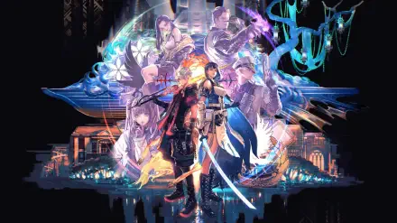 A dynamic HD wallpaper from the video game Reynatis, featuring vibrant characters and action-packed scenes, set against a captivating colorful background.