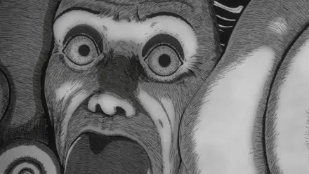 HD PC desktop wallpaper from the anime Uzumaki: Spiral Into Horror, featuring a close-up of a terrifying, wide-eyed face in detailed black and white art.